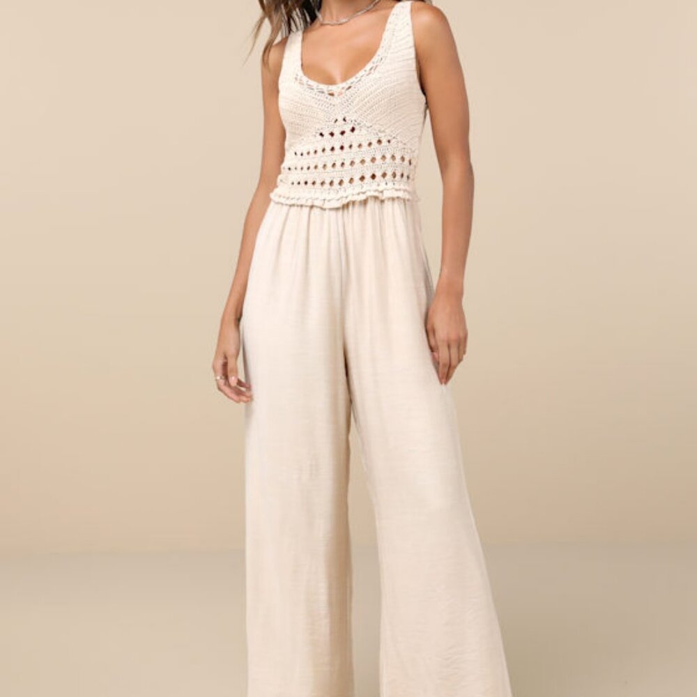 Lulus Breezy Demeanor Beige Crochet Sleeveless Wide-leg Jumpsuit - Size S